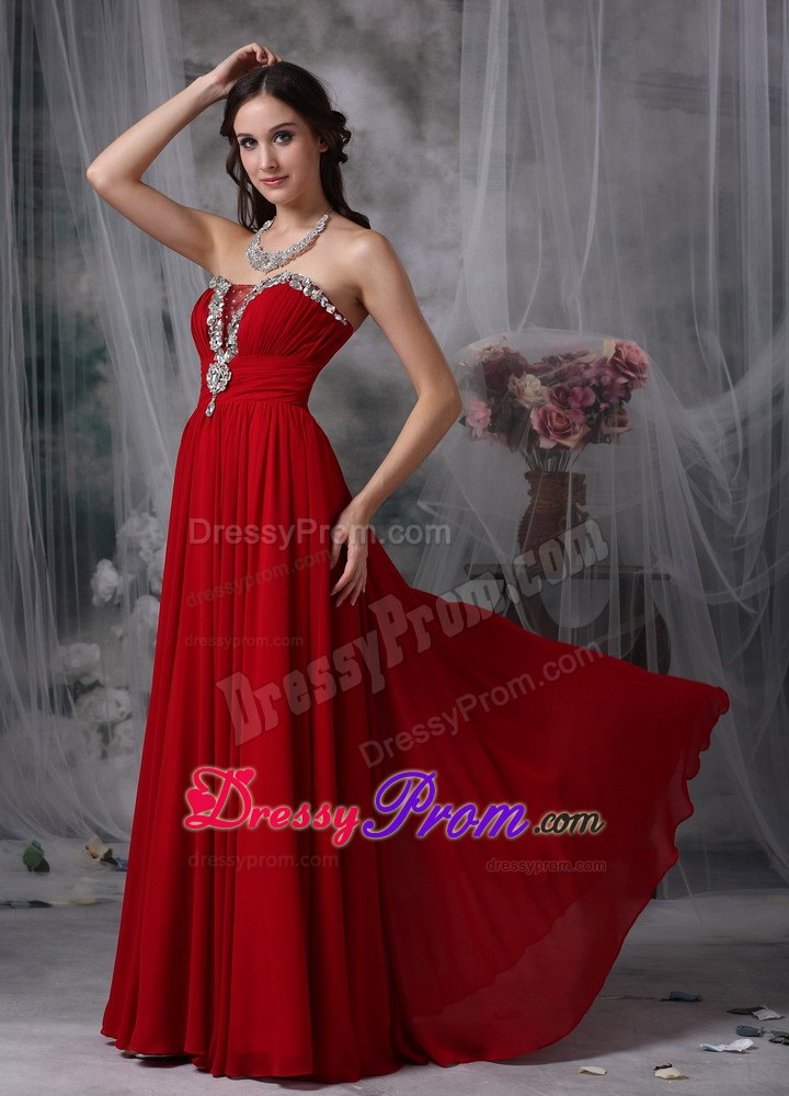 Beading Red Strapless Chiffon Prom Evening Dress with Ruching