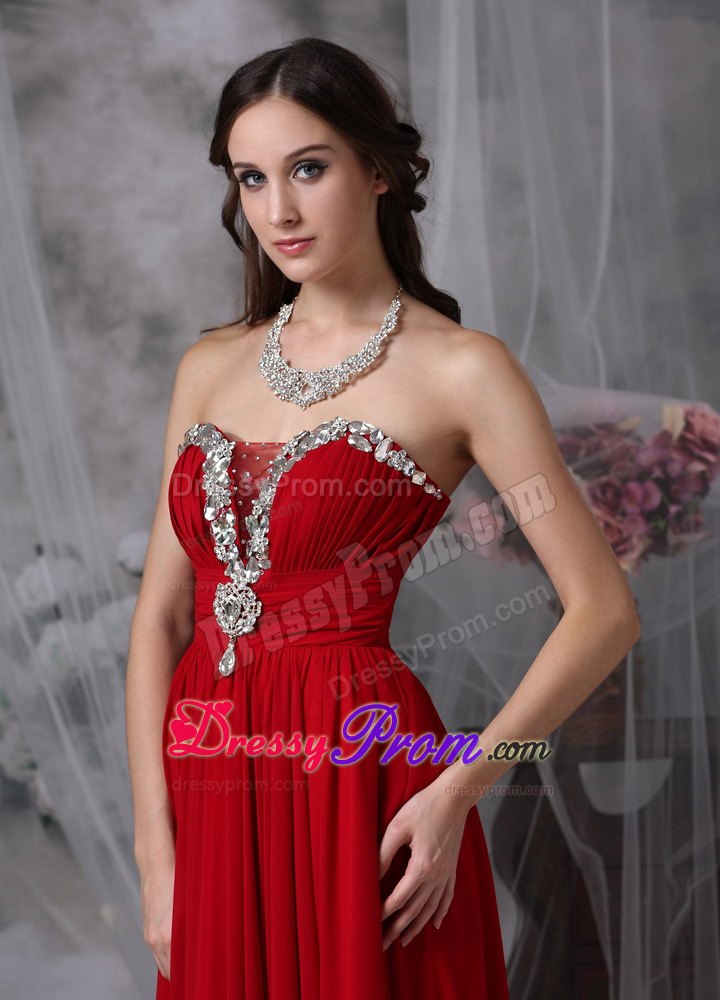 Beading Red Strapless Chiffon Prom Evening Dress with Ruching