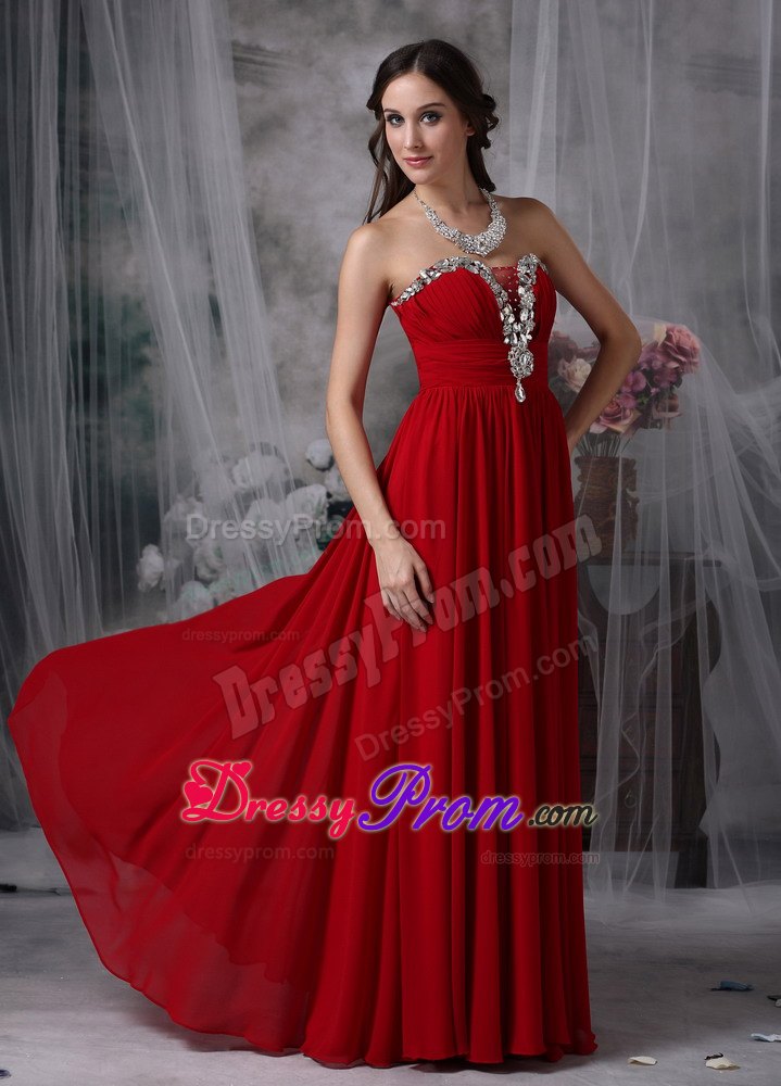 Beading Red Strapless Chiffon Prom Evening Dress with Ruching