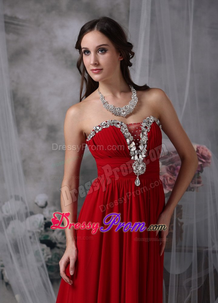 Beading Red Strapless Chiffon Prom Evening Dress with Ruching