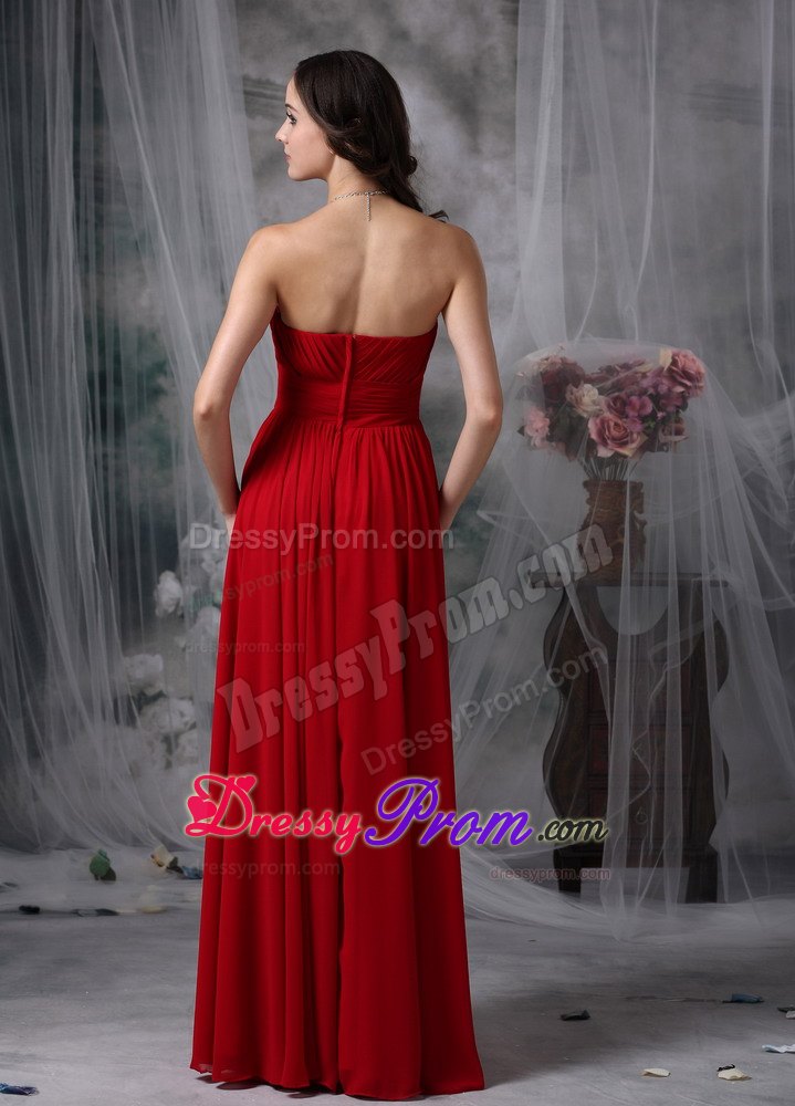 Beading Red Strapless Chiffon Prom Evening Dress with Ruching