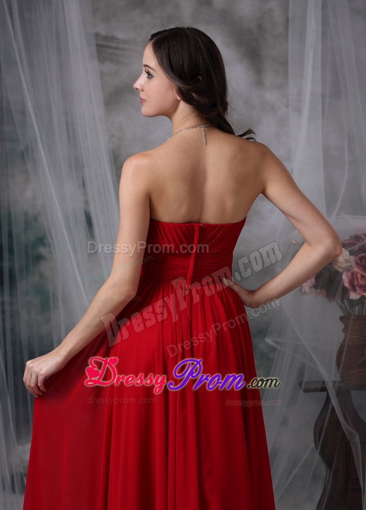 Beading Red Strapless Chiffon Prom Evening Dress with Ruching
