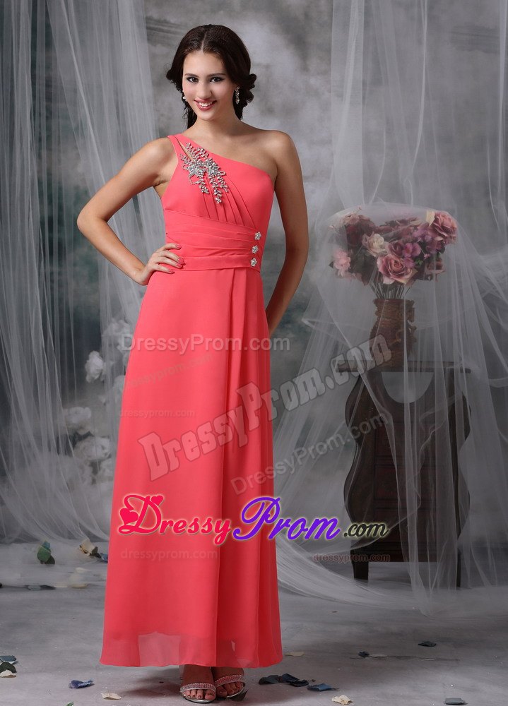 Empire One Shoulder Coral Red Ankle-length Prom Dress with Beading