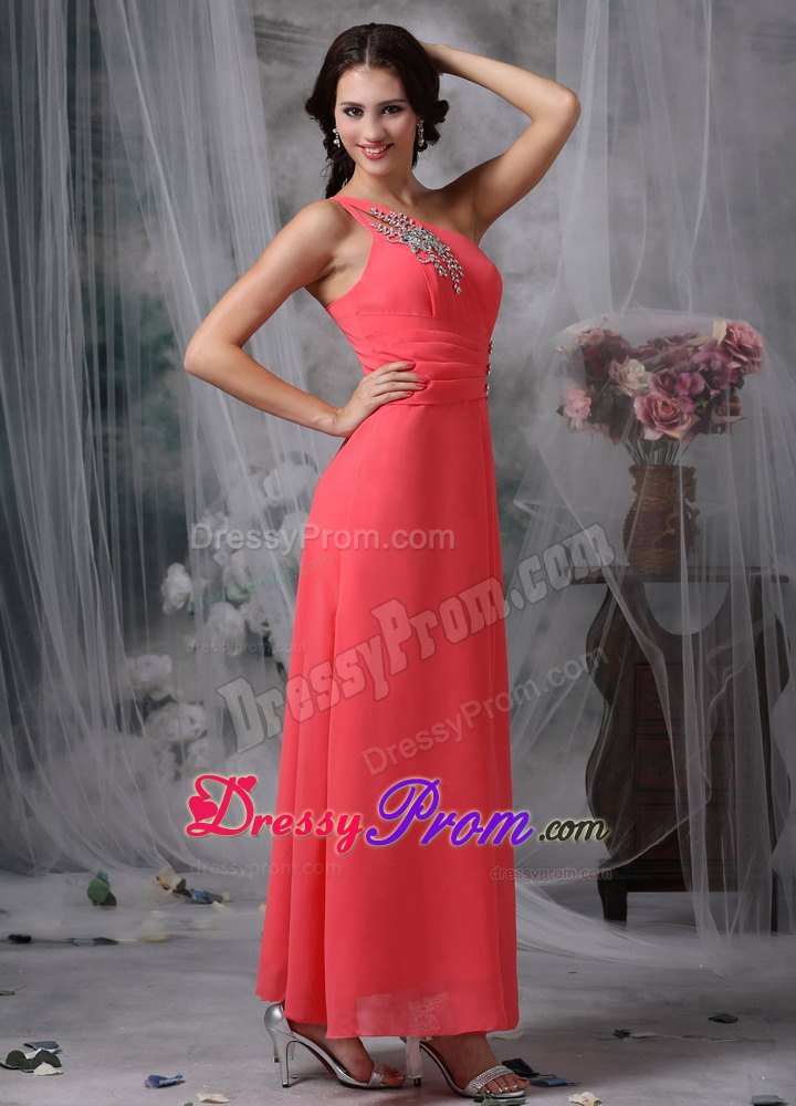 Empire One Shoulder Coral Red Ankle-length Prom Dress with Beading