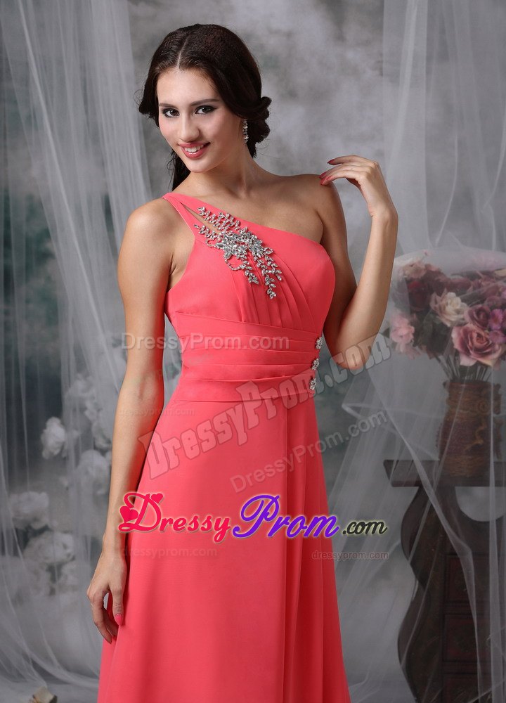 Empire One Shoulder Coral Red Ankle-length Prom Dress with Beading