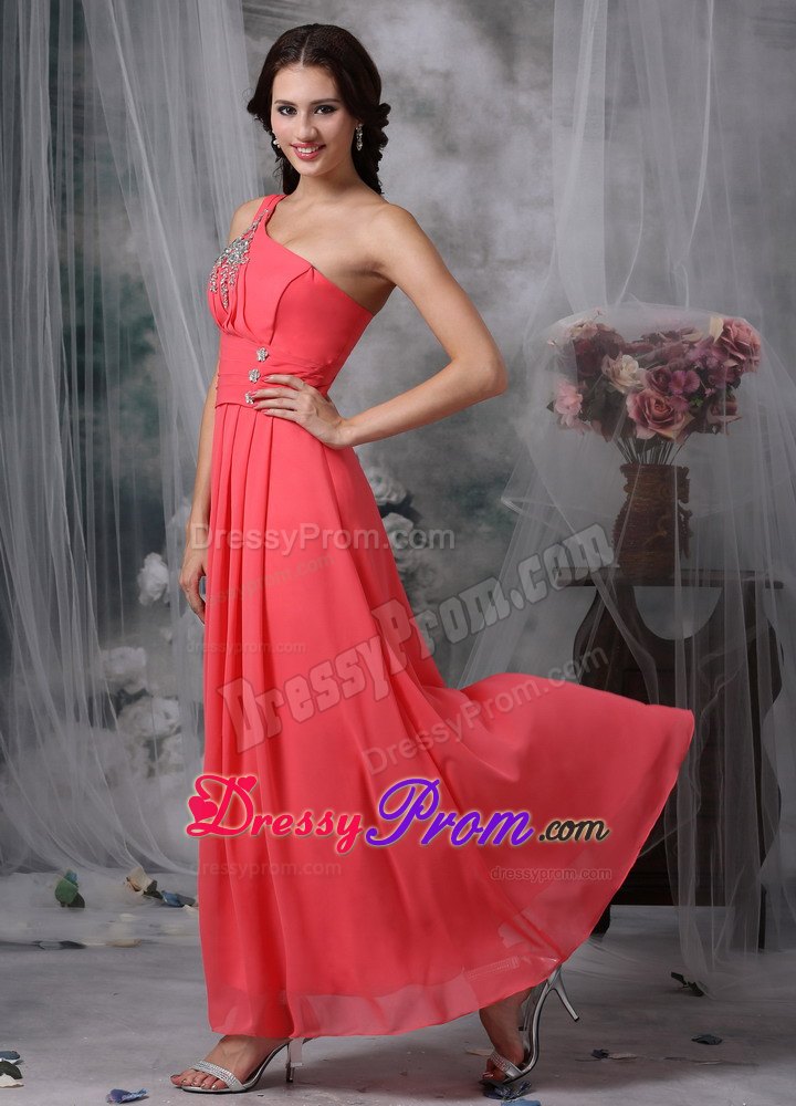 Empire One Shoulder Coral Red Ankle-length Prom Dress with Beading
