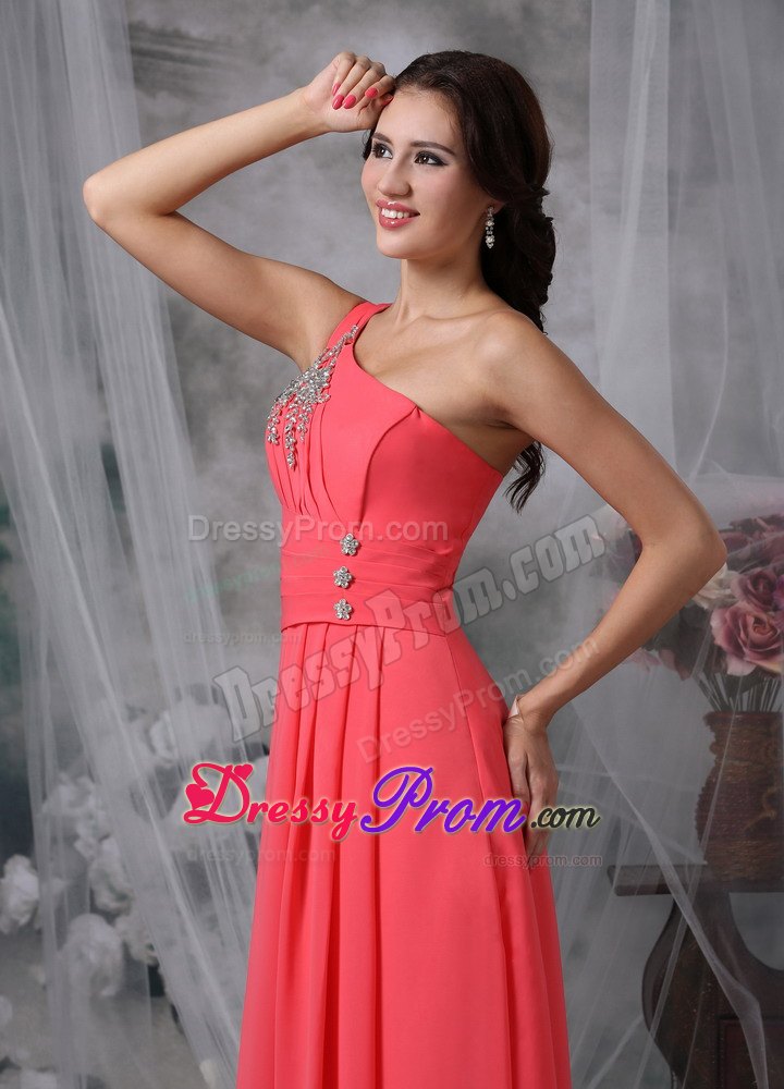 Empire One Shoulder Coral Red Ankle-length Prom Dress with Beading