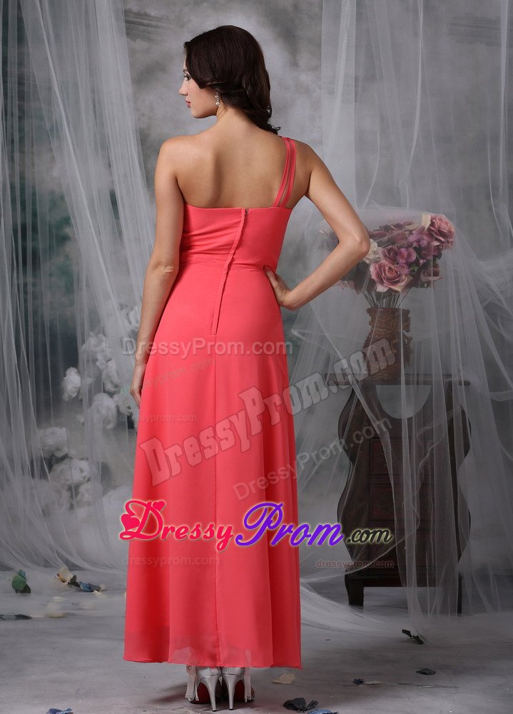 Empire One Shoulder Coral Red Ankle-length Prom Dress with Beading