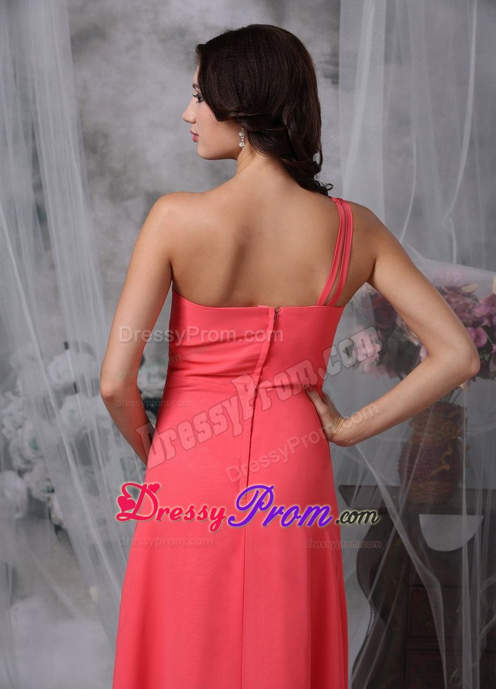 Empire One Shoulder Coral Red Ankle-length Prom Dress with Beading