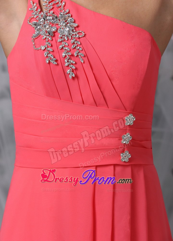 Empire One Shoulder Coral Red Ankle-length Prom Dress with Beading