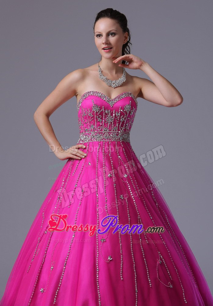 Beaded Sweetheart A-line Tulle Floor-length Prom Dress With in Fuchsia
