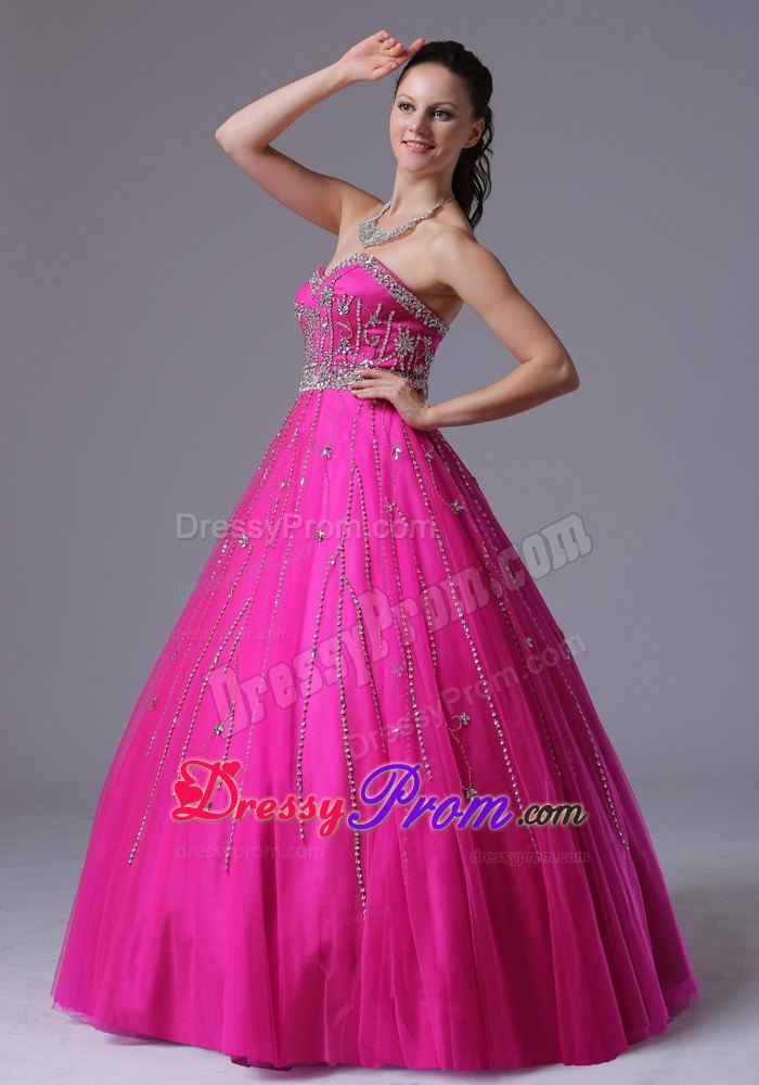 Beaded Sweetheart A-line Tulle Floor-length Prom Dress With in Fuchsia