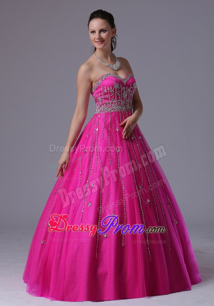 Beaded Sweetheart A-line Tulle Floor-length Prom Dress With in Fuchsia