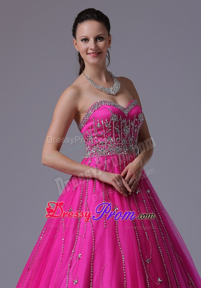 Beaded Sweetheart A-line Tulle Floor-length Prom Dress With in Fuchsia