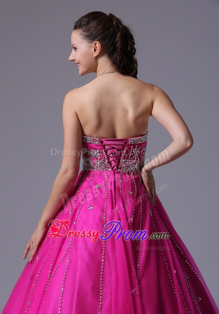 Beaded Sweetheart A-line Tulle Floor-length Prom Dress With in Fuchsia