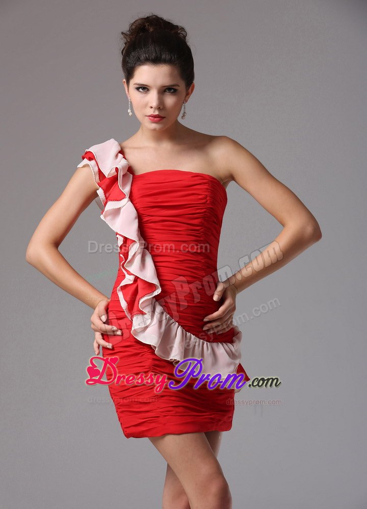 Ruching One Shoulder Wine Red Column Short Prom Cocktail Dress
