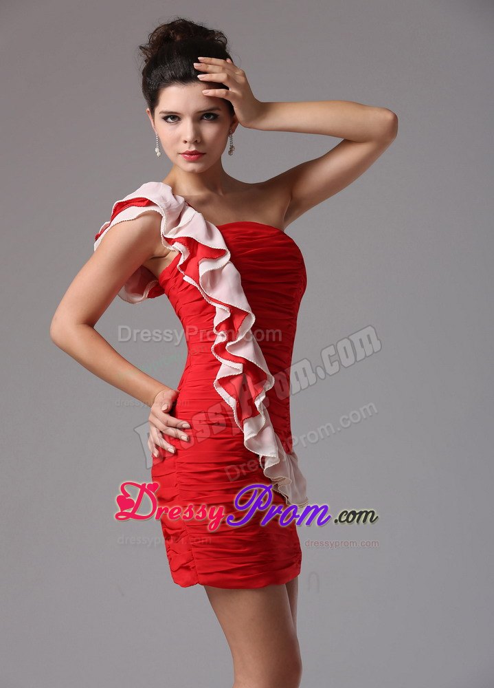 Ruching One Shoulder Wine Red Column Short Prom Cocktail Dress
