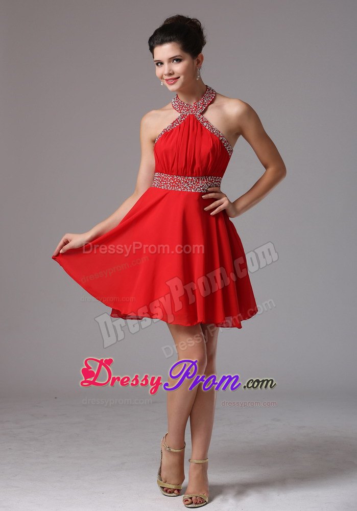 Halter Beading and Pleats Stylish Prom Dress With Mini-length