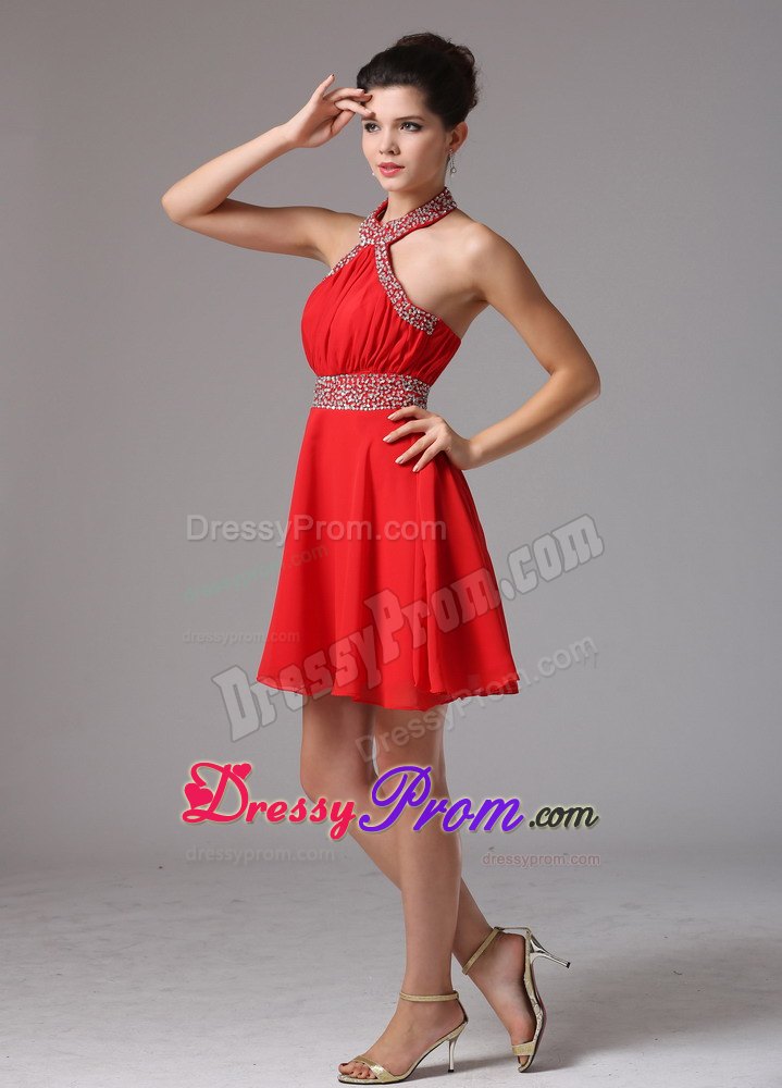 Halter Beading and Pleats Stylish Prom Dress With Mini-length
