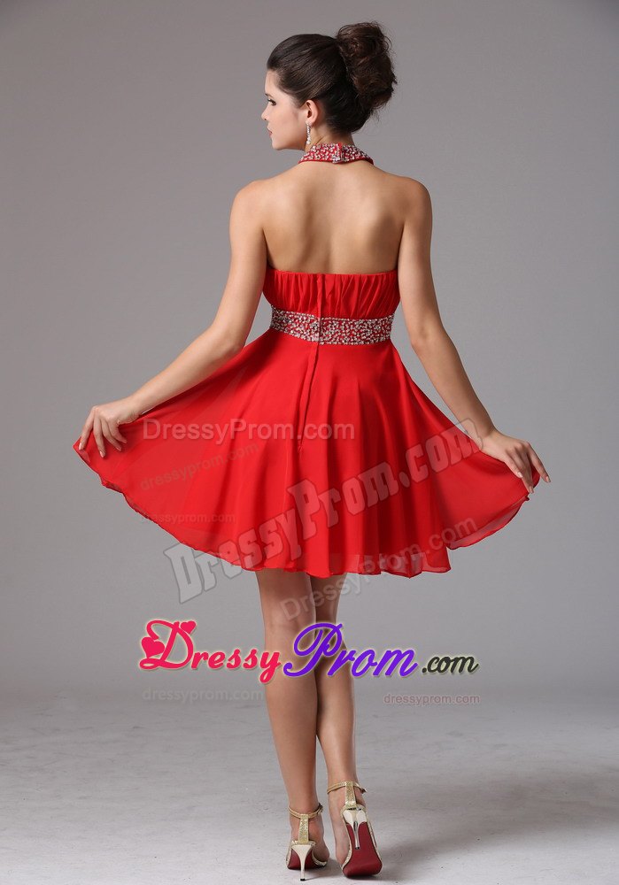 Halter Beading and Pleats Stylish Prom Dress With Mini-length