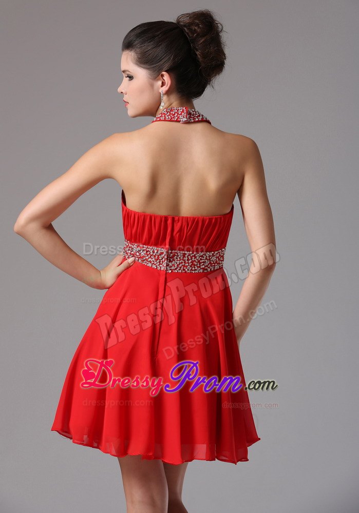 Halter Beading and Pleats Stylish Prom Dress With Mini-length