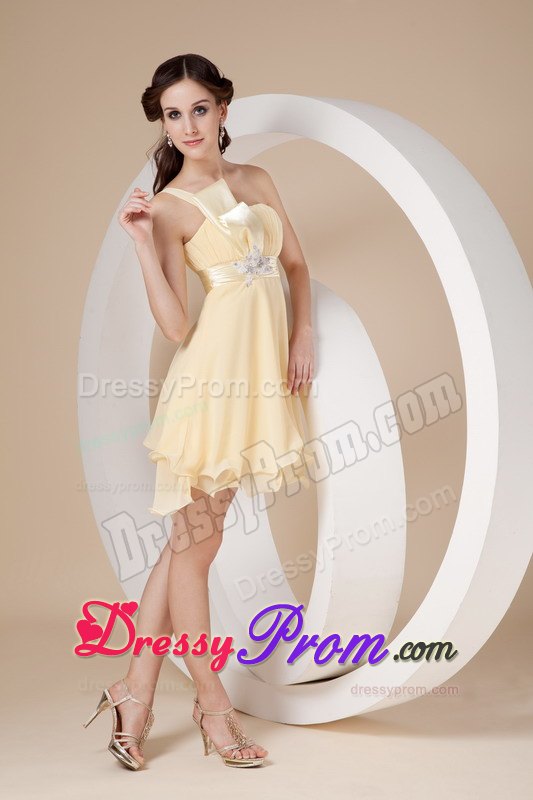 Sweet Light Yellow A-line Mini-length Beaded Prom Dress