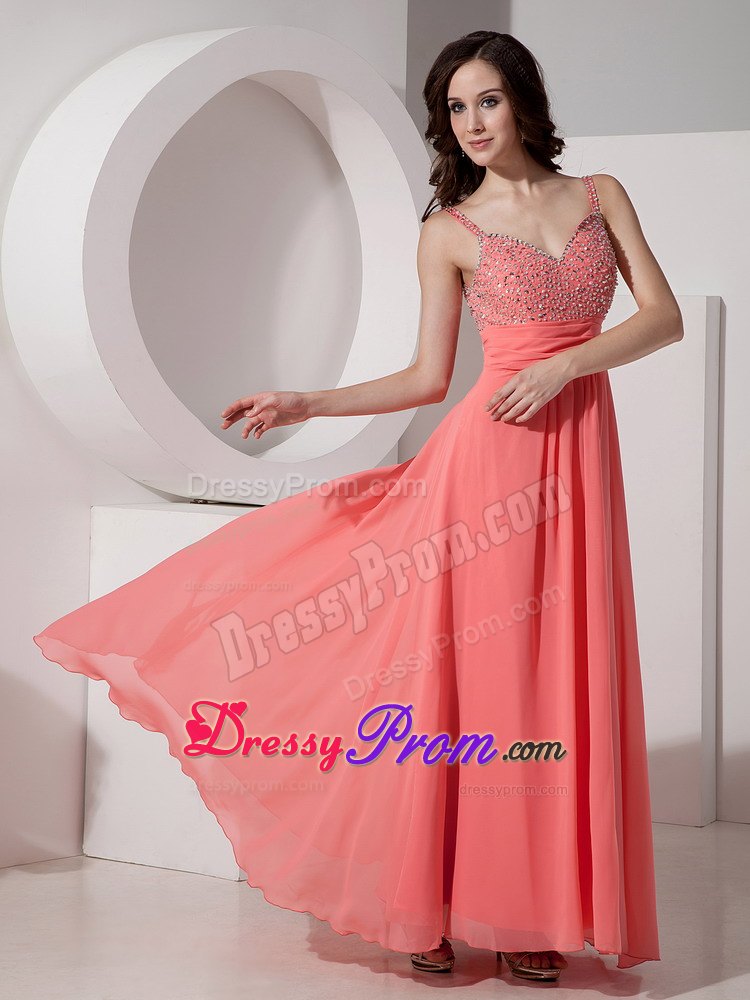 Latest Watermelon Straps Beaded Prom Dress in Ankle-length