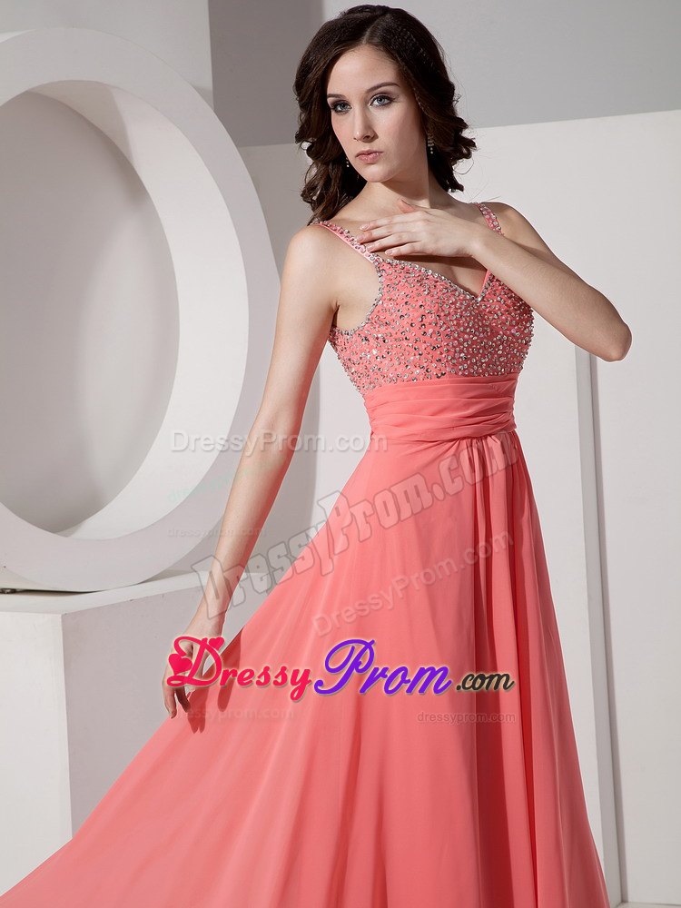 Latest Watermelon Straps Beaded Prom Dress in Ankle-length