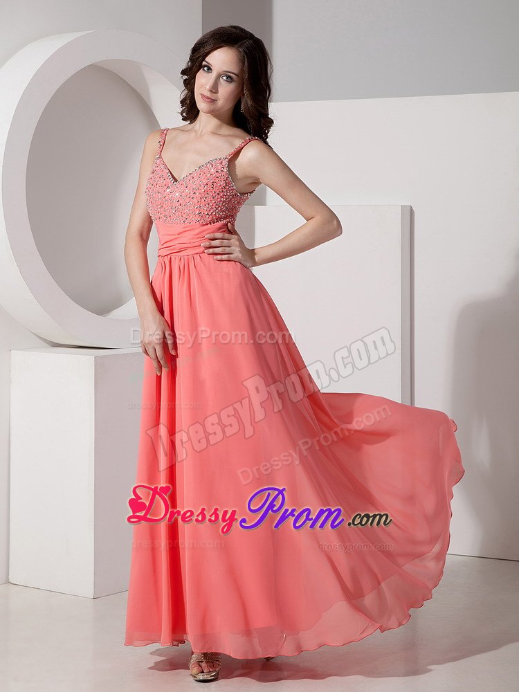 Latest Watermelon Straps Beaded Prom Dress in Ankle-length