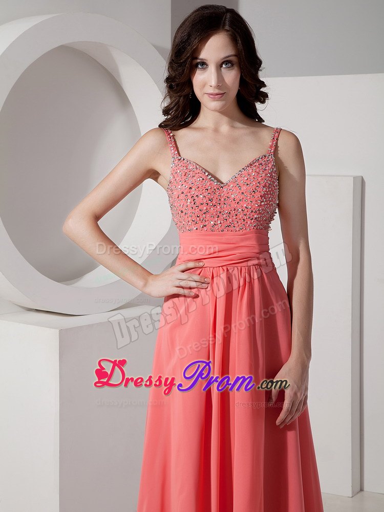 Latest Watermelon Straps Beaded Prom Dress in Ankle-length