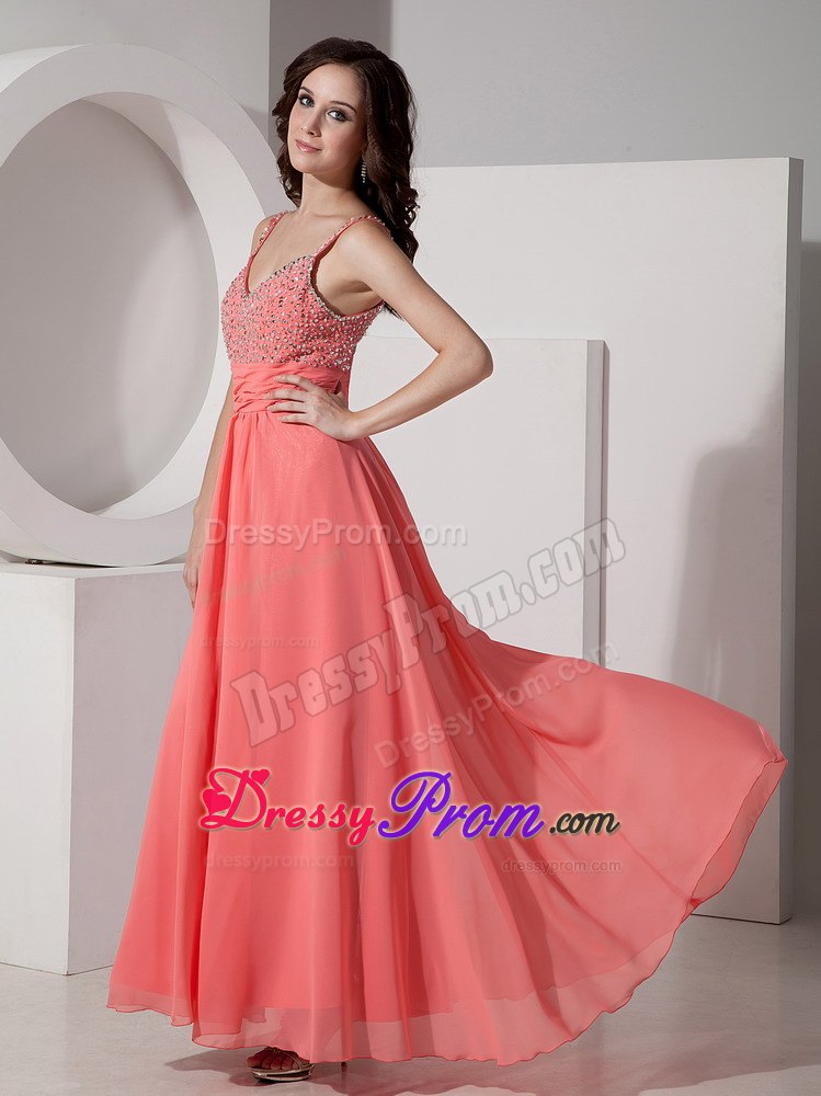 Latest Watermelon Straps Beaded Prom Dress in Ankle-length