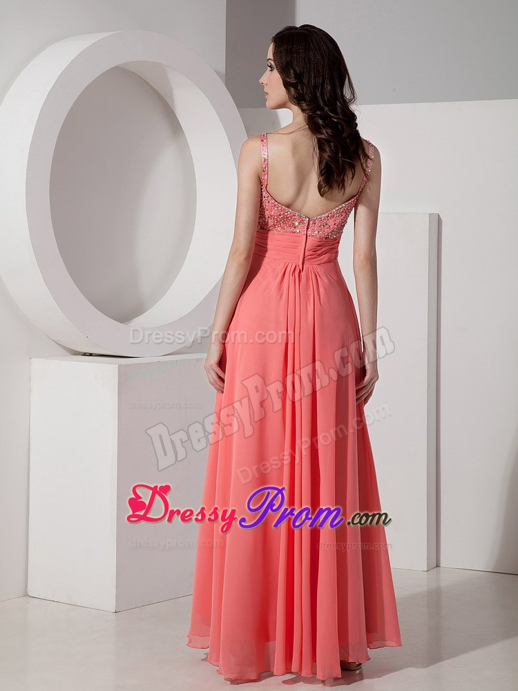 Latest Watermelon Straps Beaded Prom Dress in Ankle-length