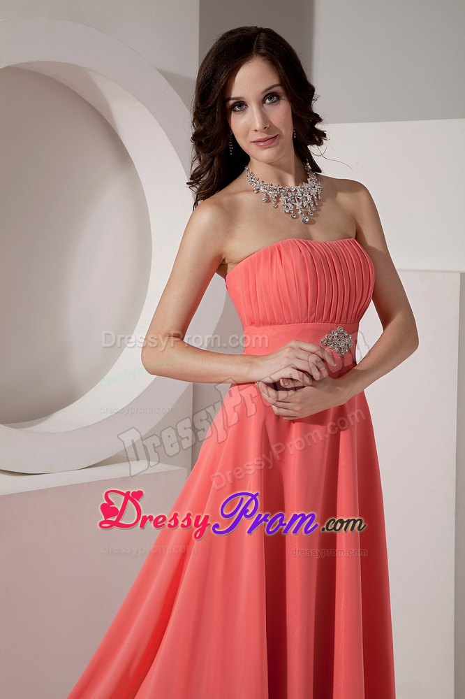 Elegant Watermelon Red Chiffon Prom Dress with Beading