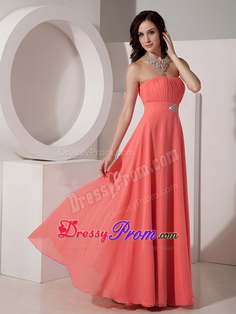 Elegant Watermelon Red Chiffon Prom Dress with Beading