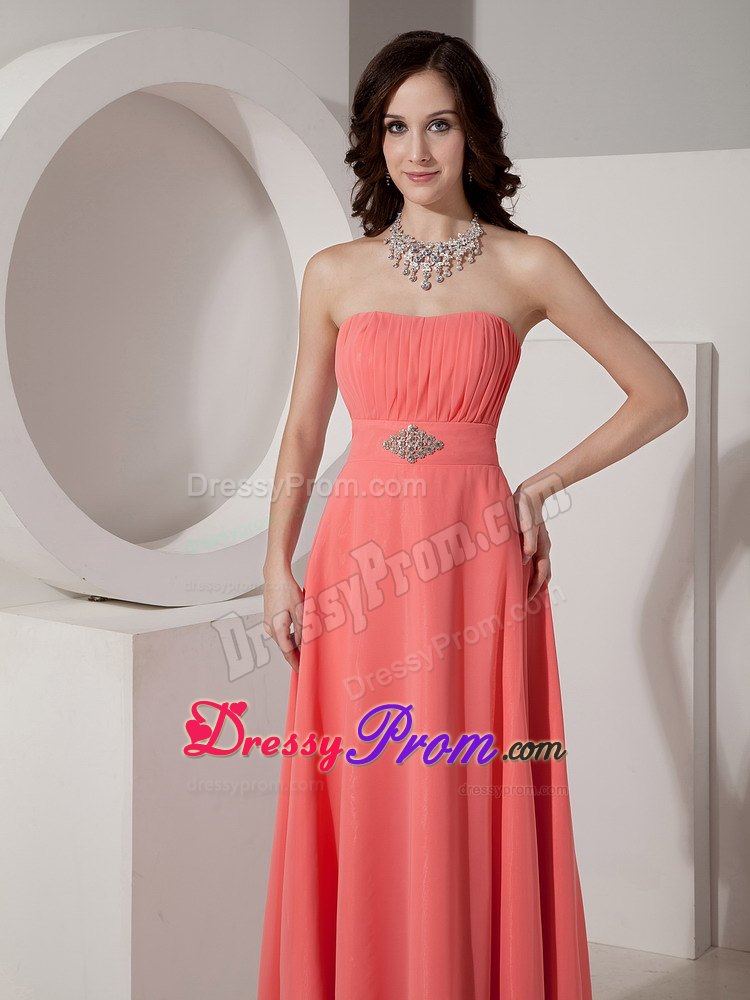 Elegant Watermelon Red Chiffon Prom Dress with Beading