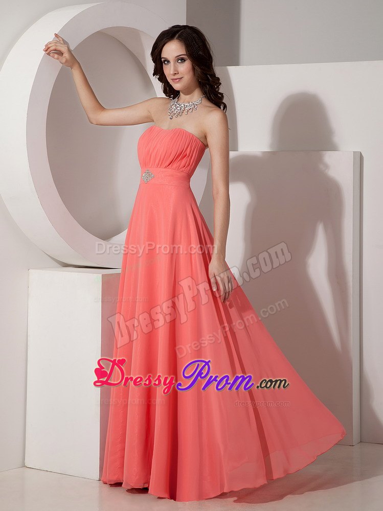 Elegant Watermelon Red Chiffon Prom Dress with Beading