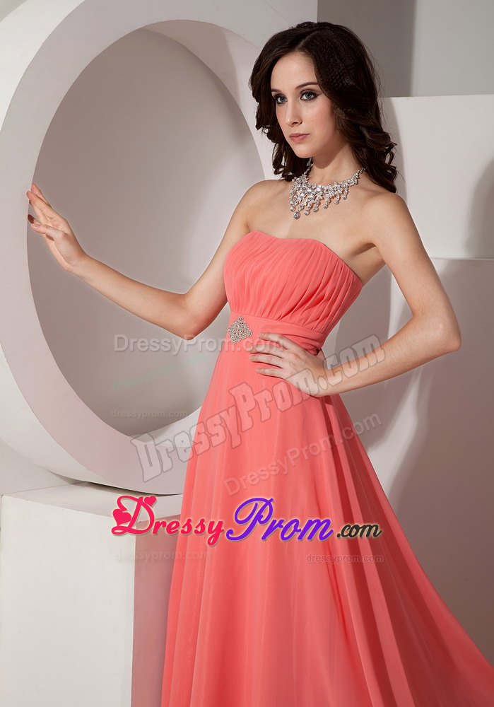 Elegant Watermelon Red Chiffon Prom Dress with Beading