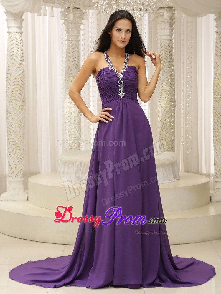 Backout Style V-neck Beading and Pleats Decorate For Prom Dress