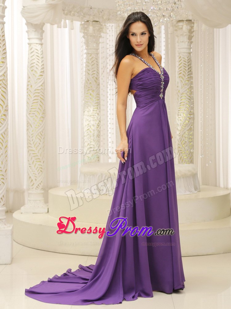Backout Style V-neck Beading and Pleats Decorate For Prom Dress
