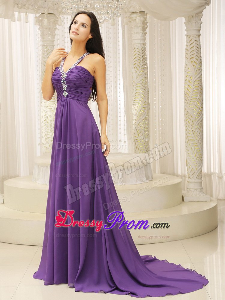 Backout Style V-neck Beading and Pleats Decorate For Prom Dress