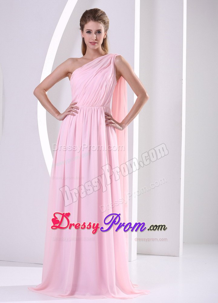 Discount One Shoulder Watteau Ruched Prom Dress in Baby Pink