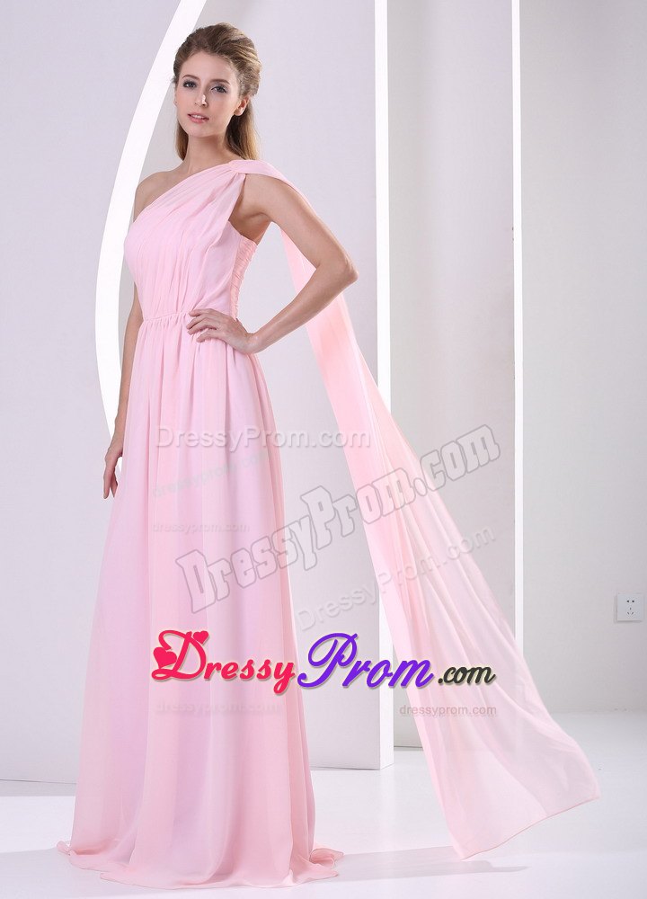 Discount One Shoulder Watteau Ruched Prom Dress in Baby Pink