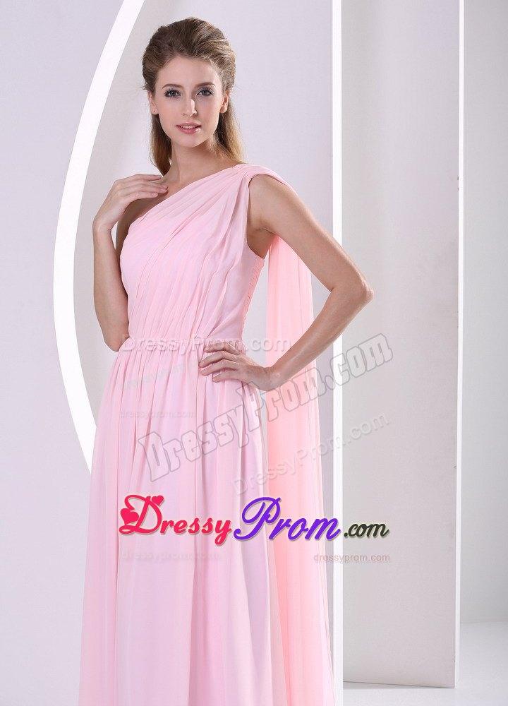 Discount One Shoulder Watteau Ruched Prom Dress in Baby Pink