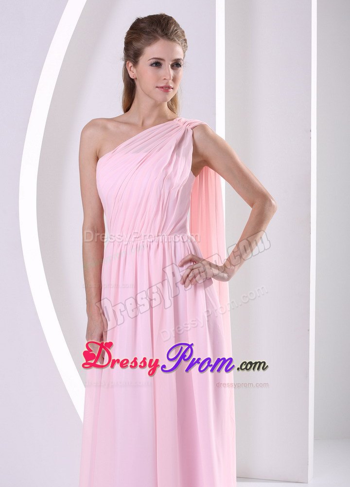 Discount One Shoulder Watteau Ruched Prom Dress in Baby Pink