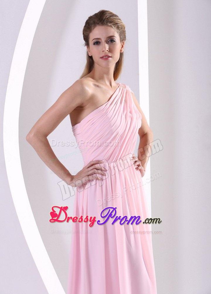 Discount One Shoulder Watteau Ruched Prom Dress in Baby Pink