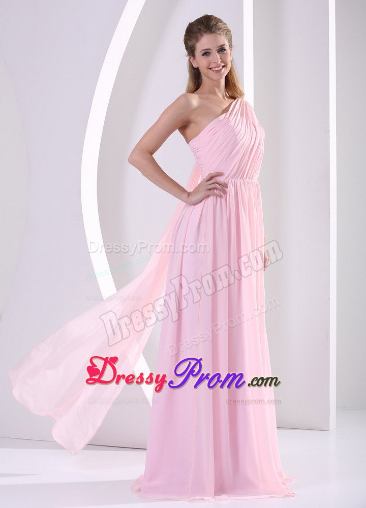 Discount One Shoulder Watteau Ruched Prom Dress in Baby Pink