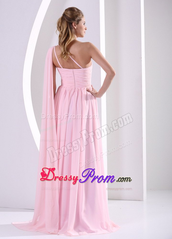 Discount One Shoulder Watteau Ruched Prom Dress in Baby Pink