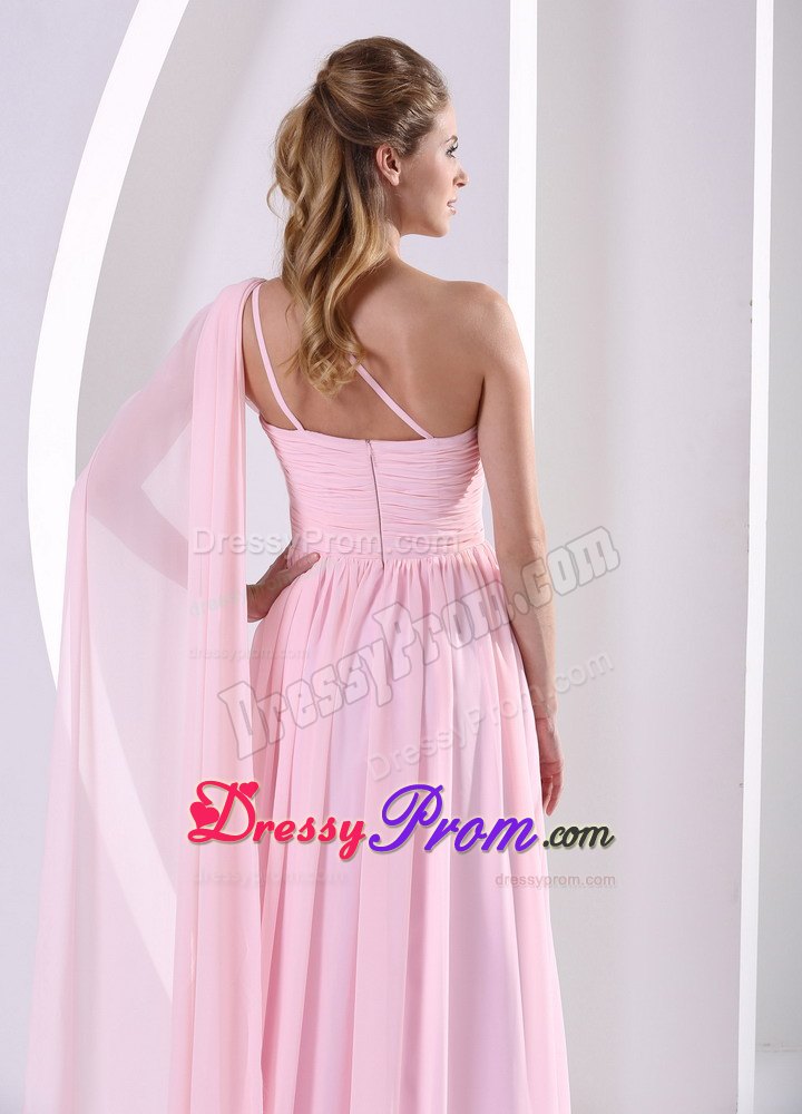 Discount One Shoulder Watteau Ruched Prom Dress in Baby Pink
