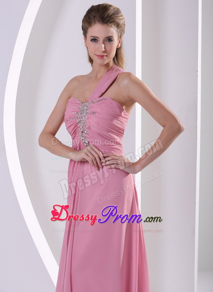 Rose Pink One Shoulder Prom / Evening Dress Beading Decorate