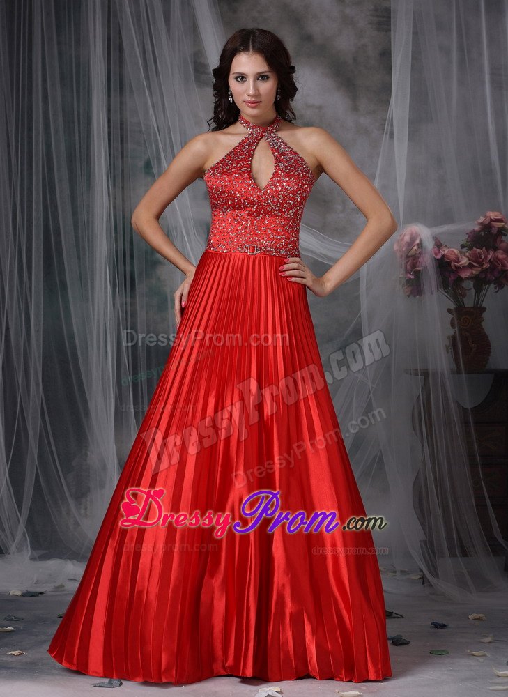 Red Pleat High-neck Prom Dress with Beading and Key Hole